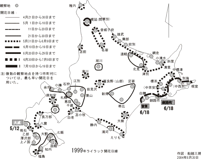 1999年春における、北海道のライラック開花前線の図です。渡島半島の開花が早く、根釧地域の開花が遅いです。